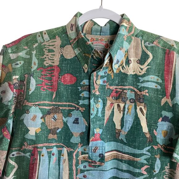 Reyn Spooner Hawaiian Reverse Print Lawai’a Fisherman Green Aloha Shirt M - Picture 2 of 9